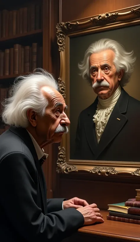 create a hyper realistic picture of Albert Einstein looking at the portrait of Isaac Newton. Einstein has an angry expression in his face. the overall background is cozy 