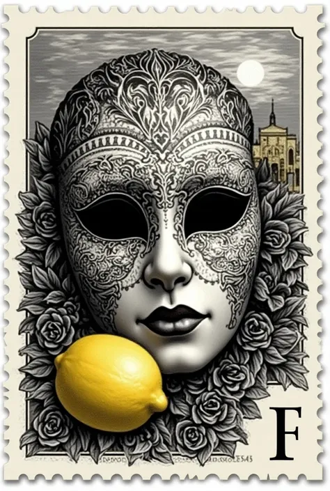 Venetian theme stamp black and white Rialto bridge mask and lemon 