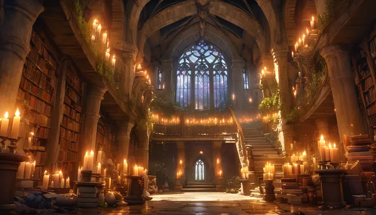 A realistic and enchanting illustration of a magical school interior, reminiscent of RPG and fantasy worlds. The scene shows grand, arched hallways lined with ancient stone walls, glowing lanterns, and tall, gothic windows that let in streams of ethereal l...