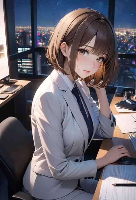  A cute Japanese woman is alone in the office,Brown straight bob hair ,wearing a business suit, I can clearly see my body line , excellent style, sitting at my desk in the late night office , night view of the city envelops in a quiet office , vivid colors...