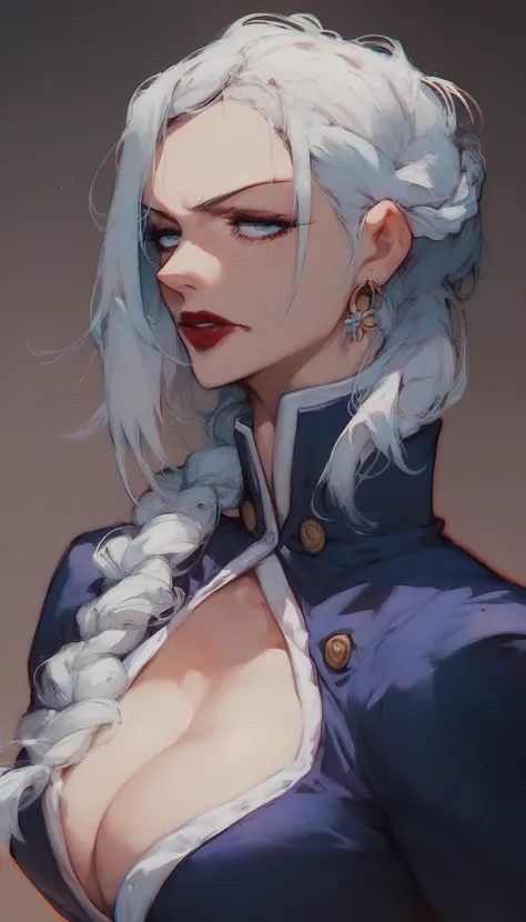 Hot beautiful mei mei,white hair,twin hair braid, shining hoops Earrings, Cleavage, jujutsu Kaisen uniform,big breasts,blue eyes,red lipstick,makeup,