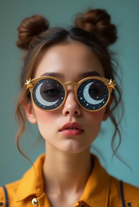 The model is wearing glass sunglasses with stars and the moon on the glass