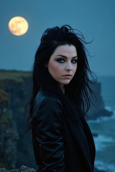 ((masterpiece)) ((photography)) ((Highest quality)) Amy Lee, blue eyes, Black long hair, on cliff ,  with the moon in the background in full glare, large image of the cliff seen from above.