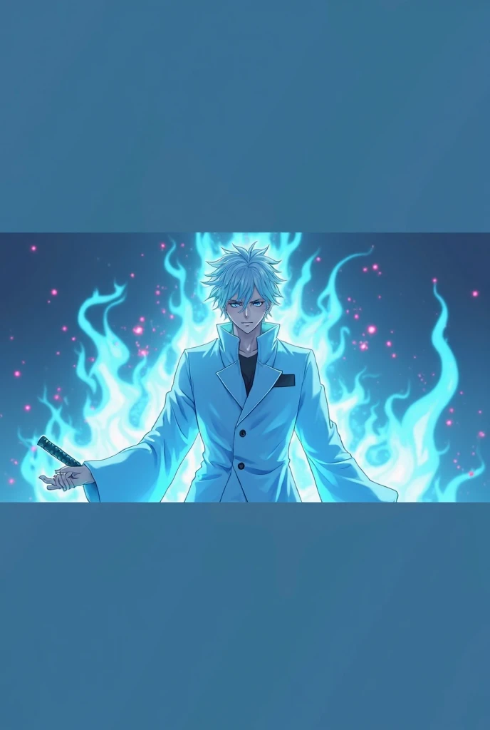 Gojo Satoru has a red aura, white, all-white hair wearing a sword, and blue eyes