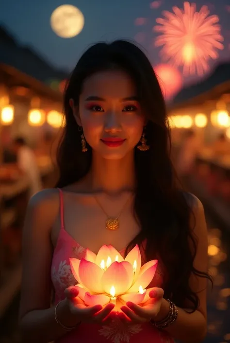 Photo taken with a Fuji camera,realistically,Asian girl, White skin,long, Fluffy black hair, C-shaped breast,The page is straight on the screen ,Have a smile, Thai dress, gold jewelry.,She holds a lotus chrysalis with flowers adorned with lighted candles.,...