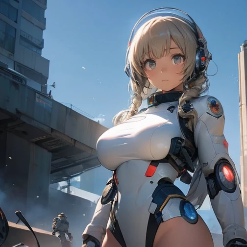 A girl riding a UFO,  Highly detailed anime-style girl in a futuristic, revealing spacesuit with big breasts and exposed thighs, A heavily armed and detailed robot standing on a battlefield devastated by war along with destroyed machines ,  Piloting a mech...