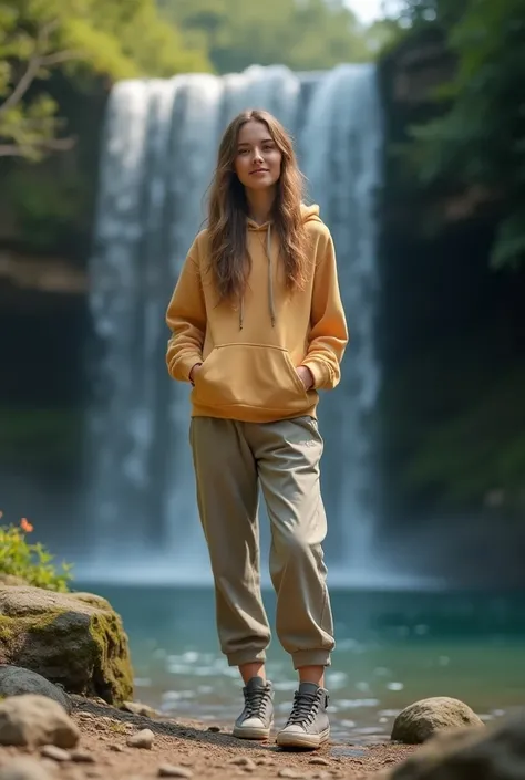 Woman wearing a closed sweatshirt with a hood and sweatpants with sneakers near a waterfall