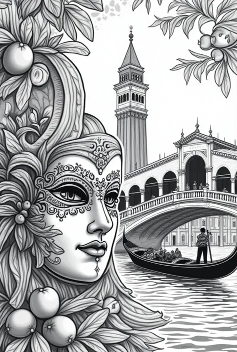  black and white Venetian theme stamp with Rialto bridge in the background , a Venetian mask  , A lemon tree ,  a gondola with gondolier 