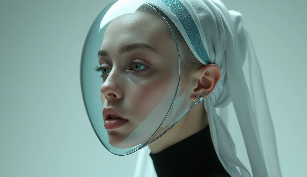 Semi-body shot, Ultra Realistic Photo, Beautiful model wearing an avant-garde jelly alien nun mask, rendering by octane