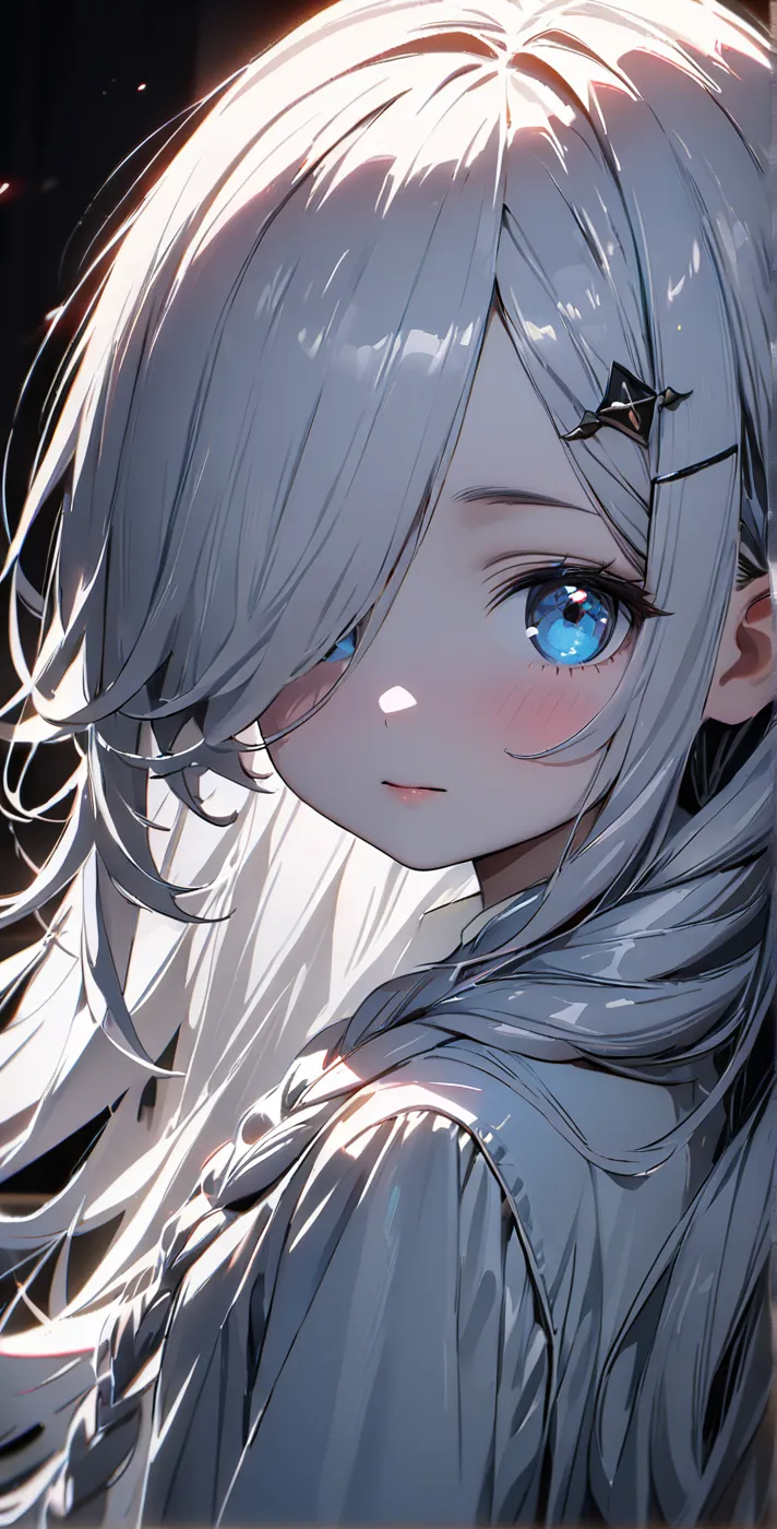 (masterpiece, high quality, high detail, 4k, rtx, high resolution,perfect lighting, ray tracing:1.2), 1girl, cute_face,aged_down, blue_streaked_hair,hair_over_one_eye, blue_eyes,high detailed eyes, very long hair,braid,white hair_ornament,white skin,black ...