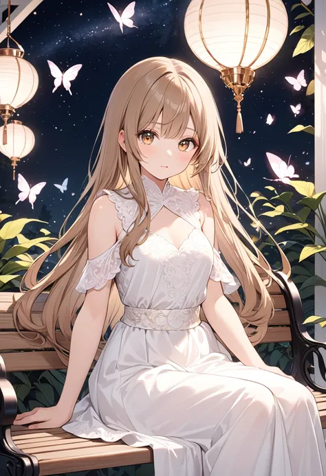 A (((girl with very long brown hair))), elegantly posed like a statue, sitting serenely on a (((bench))out front of her home, which is distinguished by its white color and luxurious decor, adorned with ((light pink)) details that glisten under the stars, a...