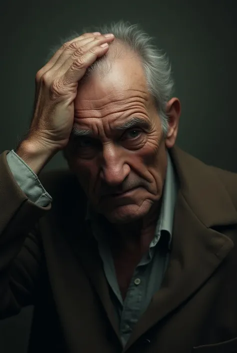 One of the older man ,  who touches his forehead .  His face reflects pain , confusion and sadness  