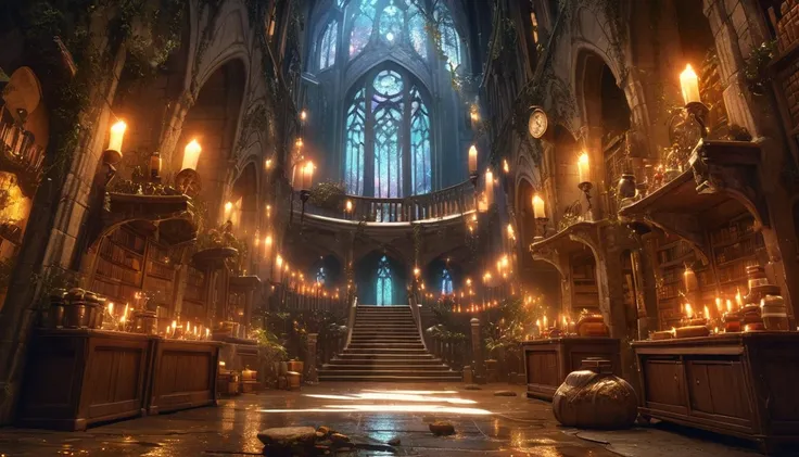 A realistic and enchanting illustration of a magical school interior, reminiscent of RPG and fantasy worlds. The scene shows grand, arched hallways lined with ancient stone walls, glowing lanterns, and tall, gothic windows that let in streams of ethereal l...