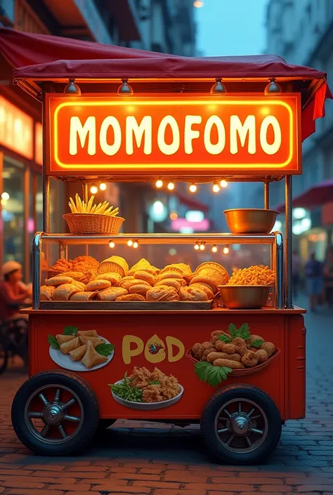 Create  banner for my streetfood stall with sausages , momo , chatpat , aalustick and a big text MOMOFOMO in middle which is horizontal 