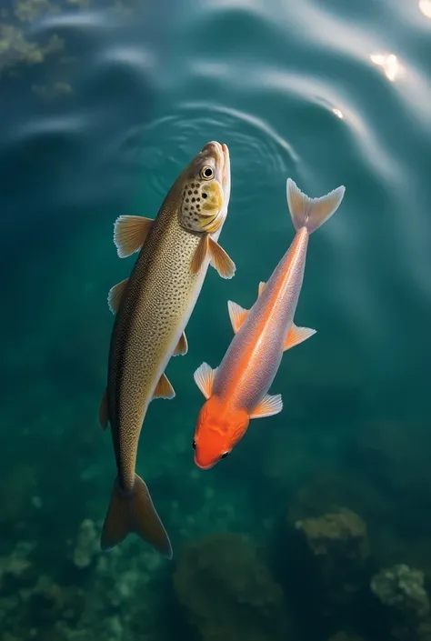 Realistic photograph of a fario , salmon ,  trout swimming under the water of a crystalline lake 