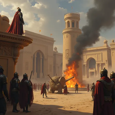 "A powerful, intense scene showing an ancient, vast desert city, where a massive fire pit blazes with towering flames. Soldiers stand ready, operating a large catapult next to the fire, symbolizing an impending act. A group of onlookers watches from a dist...