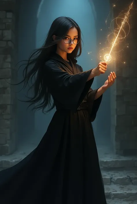 A girl in a black robe and glasses summons a spell from a magic wand that she holds in her right hand