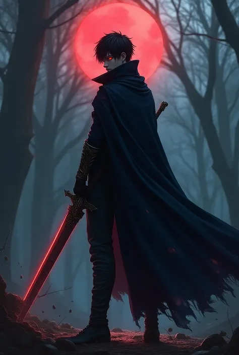 (Male) Black Hair, Red Eye, dark blue alma mater, Cloak, Nightmare GreatSword, Blood Halo, and Gray Pants