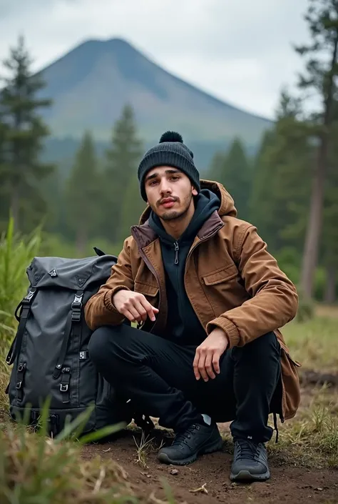 Real human photo Raka is a young Indonesian man, handsome, with a sharp nose, thin lips, short straight black hair, wearing brown winter jacket, black beannie, black cargo pant, black mountain shoes, henia sitting on the ground, at the forest in Semeru mou...