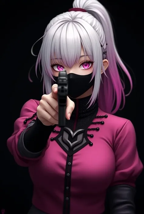  Female character from Free Fire  ,  With Sharingans eyes  ,  white hair tied with a pink lock , black mask,  a pink blouse with black details  ,  black background,  in your hands one hand holding a gun and the other pointing at you .
The written name is  ...