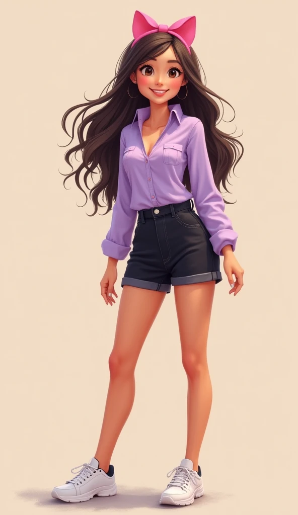 Elisa , skin fair, eyes browns, glad, with dimples in the cheeks, lilac blouse, shorts preto, White sneakers, pink kitty tiara