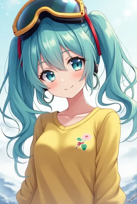 skistyle, miku hatsune, masterpiece, best quality, 1girl, blush, aqua eyes, cap, closed mouth, earrings, hat, hoop earrings, jewelry, looking at viewer, shirt, simple background, solo, upper body, yellow shirt