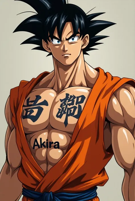 Goku without a shirt, with a tattoo with the name Akira