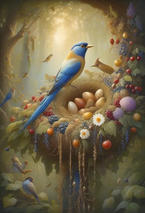 Whimsical and beautiful fantasy bird illusion, encircling a feast of birdseed and berries, forest setting, art by James Christensen, magical forest, covered in botanicals and flowers, ornate, hyper detailed face and eyes, dripping paint, overgrown, abandon...