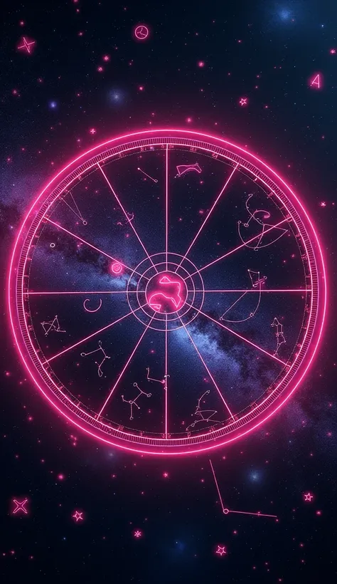 A circular star map with emphasized contours. The star chart has the logo of each constellation and all the pictures are expressed in line drawings, the color of the line drawings is illuminated with bright pink neon and floating in space.