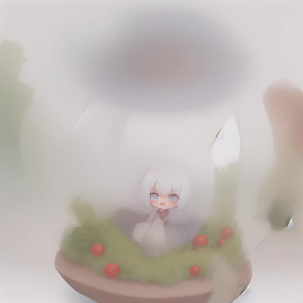  High resoltion, a l n boy (,fang) who lives in a enlarged , huge crystal bottle    ,  Bright pupils , ( damaged, )they can  seethrough   The crystal glass,from their home and own a tomato  garden