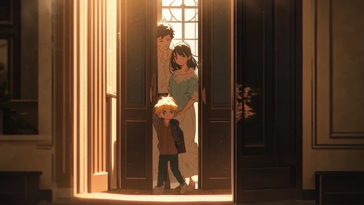 "emotional slice-of-life scene, young  boy with innocent smile saying goodbye to his mother at their luxurious homes doorway, dramatic cinematic lighting with golden hour glow through windows, mother kneeling to s height with bittersweet expression and gen...