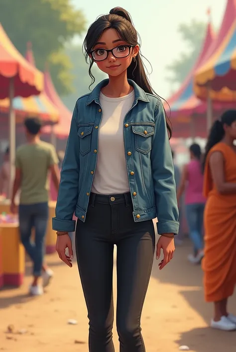 A simple indian fair young  girl wear a t shirts and black jeans white shoes long hair pony tail  white t shirt  denim jacket black jacket wear spect 