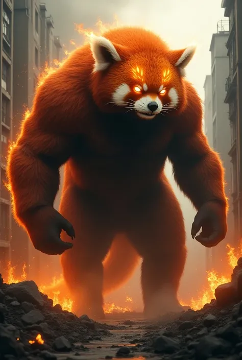 A giant kaiju red panda with a lot of feral orange fur and fire eye brows and glowing fire eyes in a burning destroyed building 