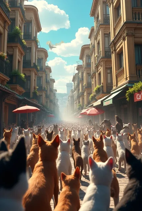 You can generate an image of a lot, but lots of dogs entering the city of cats and that they are all fighting, dont make it as realistic as animated, but adding a realistic touch, no, thats very animated, I said more realistic but dont set sail separately,...