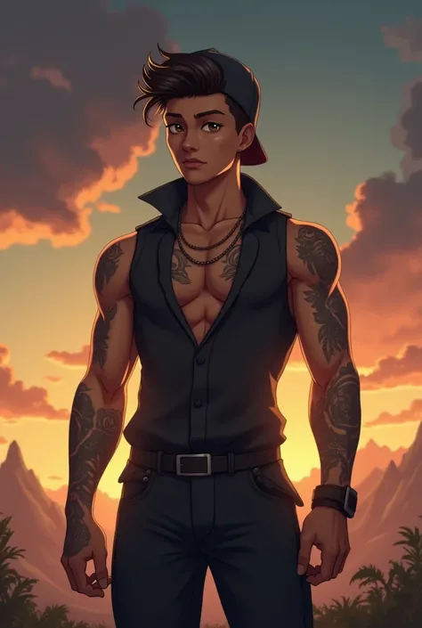 Create an image of boy with aesthetic body, tattoo, black vest/shirt with couf on,a cap ,and good hairs style. Image contain animated,sun set
 and clouds, darkness and blonde sky. The pic is realistic animated 