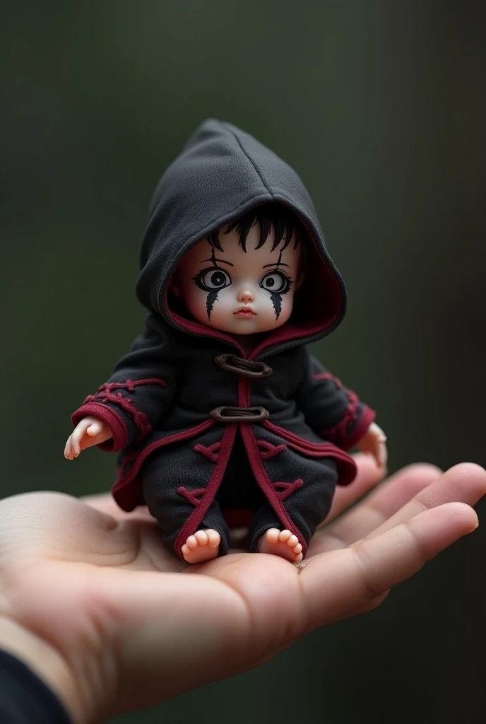 Create a miniature baby dressed as a zetsu from Akatsuki member Akatsuki on top of a human hand.