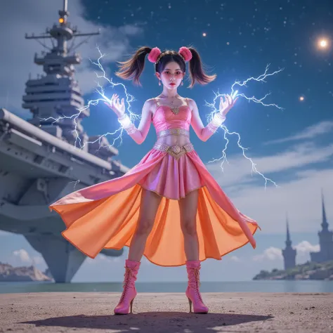 1 woman,  alone, Realism， Lightning energy  ，Electricity Elements，Twin ponytails，Wearing a hair crown， wearing heart-shaped glasses ， blue highlight lightning ， wearing a bright pink and orange dress，High heel boots， ， starry sky background ，Galactic battl...