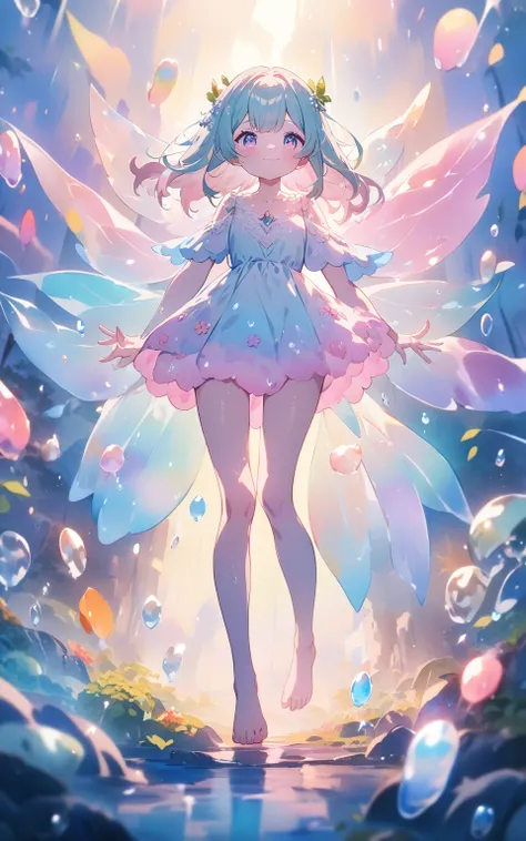 「Morning Dew Fairy」
 prompt : Cute girl, ((: 1.5)), (masterpiece: 1.2), (best quality: 1.2), (high definition: 1.1), Dramatic lighting, vibrant color palettes, Anime artwork, anime style, key visuals, cinematic composition, Dreamy watercolor-style illustra...