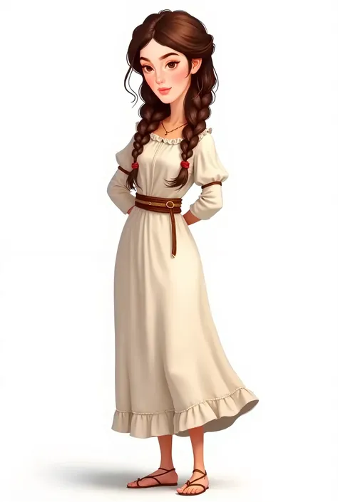 realistic cartoon, 2d illustration, 1girl, medieval villager woman with white dress, long brown braided hair, standing, posing, full body shot, hyper dynamic angles, white background, book illustration, flat rendering