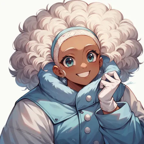 White background, cute light blue winter coat, dark skinned girl, sweet smile, afro curly locs, white boots, gloves, snowflake designs, manhwa art style 