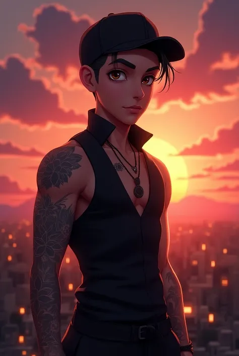 Create an image of boy with aesthetic body, tattoo, black vest/shirt with couf on,a cap ,and good hairs style. Image contain animated,sun set
 and clouds, darkness and blonde sky. The pic is realistic animated . The boy name is sangam, he has fair skin col...