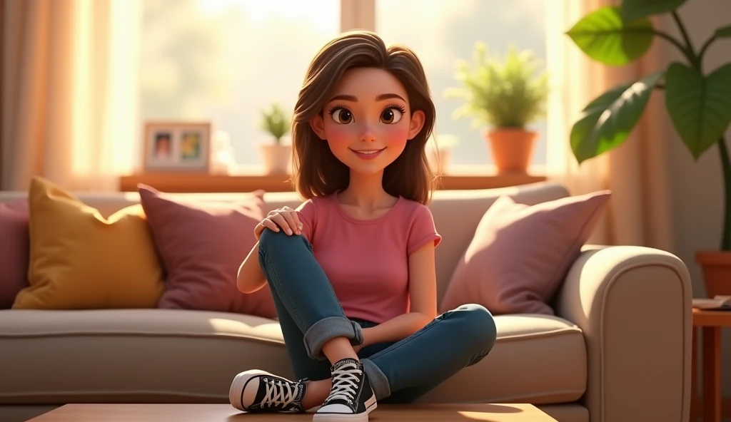 woman, 40 years, thin,  brown hair shoulder length,  brown eyes, smiling,  wearing pink shirt and long pants jeans , black sneakers with black laces , sitting on the sofa, in the living room. Pixar style
