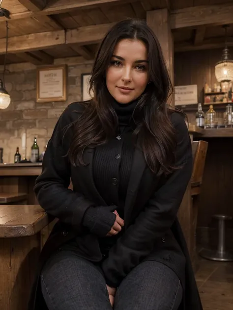 photo dune femme sniper russe complètement habillée avec un sourire heureux, amical et sensuel assise sur un tabouret haut dans un vieux pub anglais en train de boire une pinte de bière, , il fait très froid et elle porte un manteau en cuir dhiver, retour ...