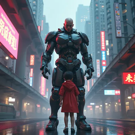 Un homme bionique sauvant une jeune fille chinoise dans la cyberpunk.