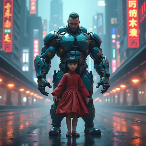 Un homme bionique sauvant une jeune fille chinoise dans la cyberpunk.