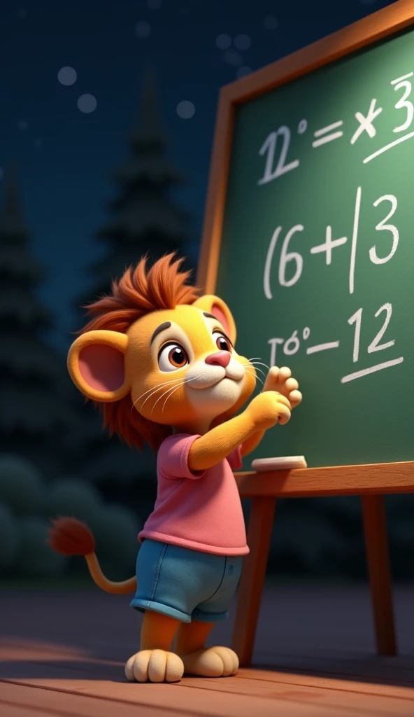 Create a image  of 3D animation cute baby lion, medium size brown hair wearing  a blue shorts and pink t-shirt.  night image,   

The lion looking confused at a math problem on the blackboard, scratching his head.




