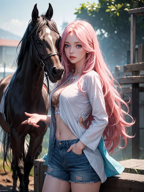 Masterpiece, Young Beautiful Girl has long pink hair, and sky blue eyes, 1girl, AS-Adult, long-haired, pinkhair, wavy hair, small-breast. Wavy hair. Sky blue eyes, no bangs, symmetrical face. She wears  She wears a short and jeans shorts . (Best Illustrati...