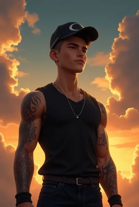 Create an image of boy with aesthetic body, tattoo, black vest/shirt with couf on,a cap ,and good hairs style. Image contain animated,sun set
 and clouds, darkness and blonde sky. The pic is realistic animated . The boy name is sangam, he has fair skin col...