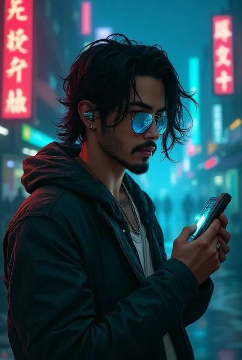  Cyberpunk illustration of a Hispanic man , long disheveled black hair , jacket, glasses with cyan lenses ,  with neural implants behind the ear holding a cyberdeck