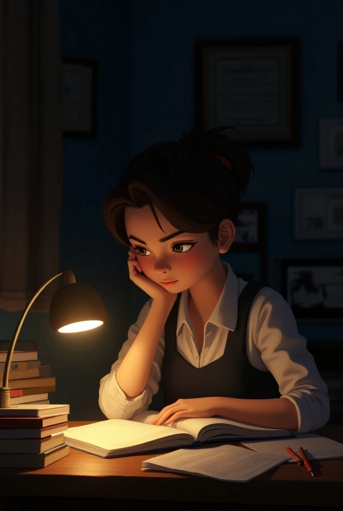 Depicts Lily working hard, studying late at night by the glow of a lamp